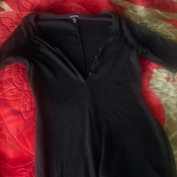 Black Ribbed Button-Down jumpsuit - Picture 1 of 3